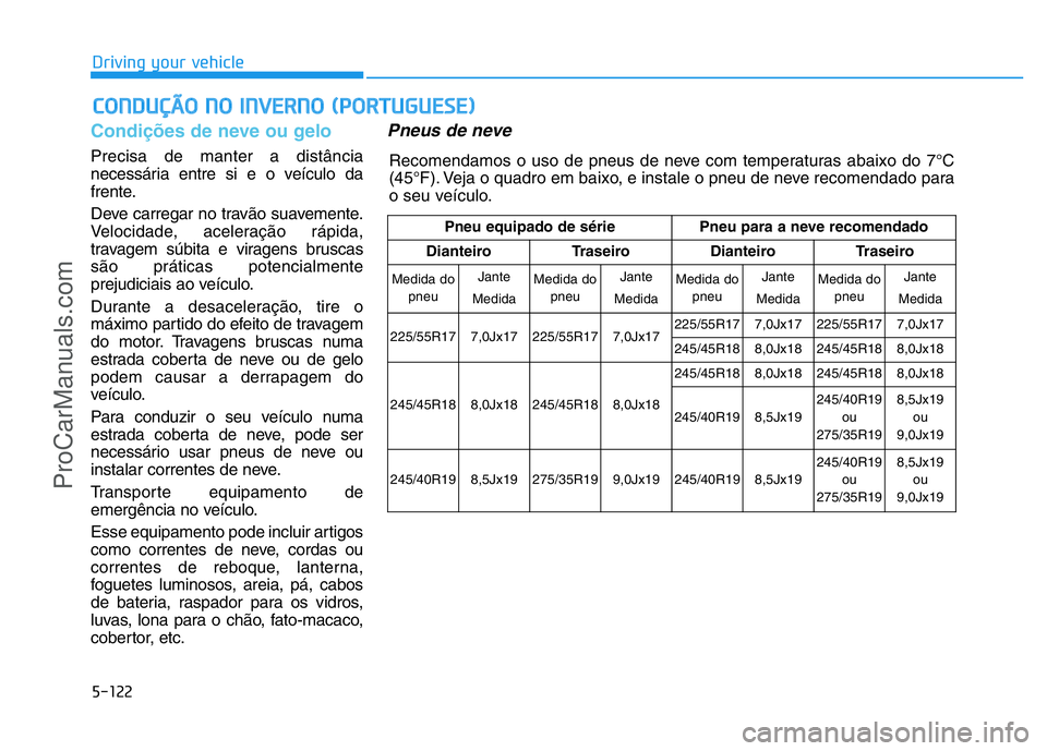 HYUNDAI COUPE 2014  Owners Manual 5-122
Driving your vehicle
Condições de neve ou gelo
Precisa de manter a distância
necessária entre si e o veículo da
frente.
Deve carregar no travão suavemente.
Velocidade, aceleração rápida