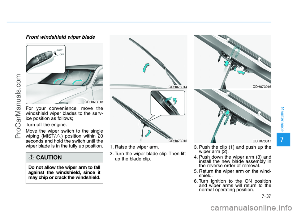 HYUNDAI COUPE 2014  Owners Manual 7-37
7
Maintenance
Front windshield wiper blade
For your convenience, move the
windshield wiper blades to the serv-
ice position as follows;
Turn off the engine.
Move the wiper switch to the single
wi