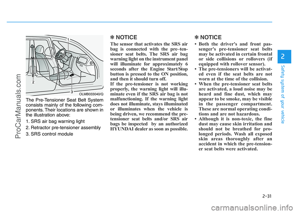 HYUNDAI COUPE 2014 Owners Manual 2-31
Safety system of your vehicle
2
The Pre-Tensioner Seat Belt System
consists mainly of the following com-
ponents. Their locations are shown in
the illustration above:
1. SRS air bag warning light HYUNDAI COUPE 2014 Owners Manual 2-31
Safety system of your vehicle
2
The Pre-Tensioner Seat Belt System
consists mainly of the following com-
ponents. Their locations are shown in
the illustration above:
1. SRS air bag warning light