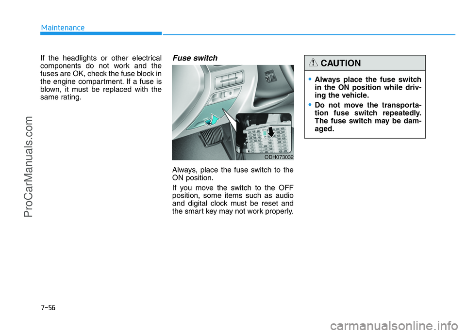 HYUNDAI COUPE 2014  Owners Manual 7-56
Maintenance
If the headlights or other electrical
components do not work and the
fuses are OK, check the fuse block in
the engine compartment. If a fuse is
blown, it must be replaced with the
sam