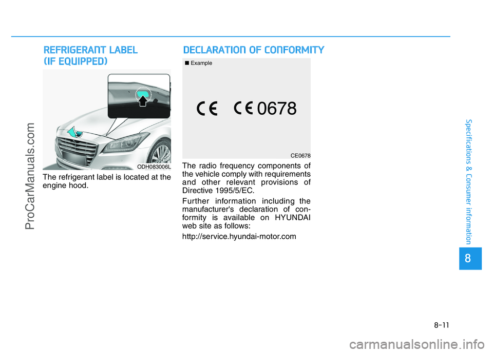 HYUNDAI COUPE 2014  Owners Manual 8-11
8
Specifications & Consumer information
The refrigerant label is located at the
engine hood.The radio frequency components of
the vehicle comply with requirements
and other relevant provisions of