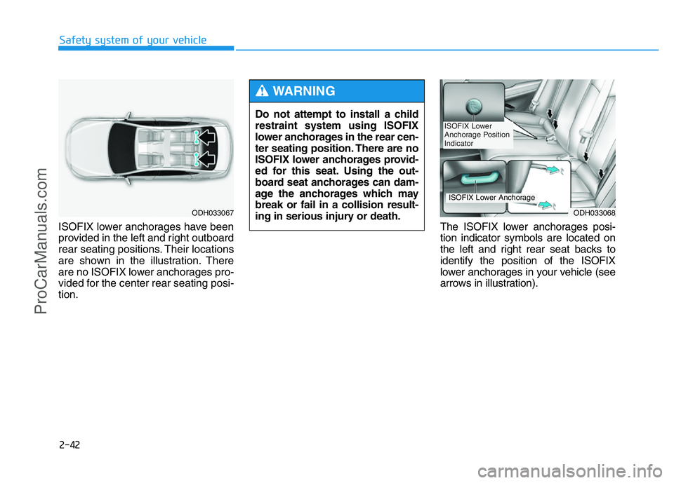 HYUNDAI COUPE 2014  Owners Manual 2-42
Safety system of your vehicle
ISOFIX lower anchorages have been
provided in the left and right outboard
rear seating positions. Their locations
are shown in the illustration. There
are no ISOFIX 