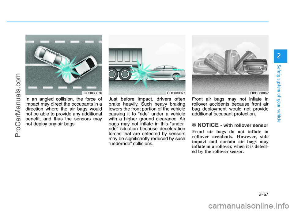HYUNDAI COUPE 2014  Owners Manual 2-67
Safety system of your vehicle
2
In an angled collision, the force of
impact may direct the occupants in a
direction where the air bags would
not be able to provide any additional
benefit, and thu