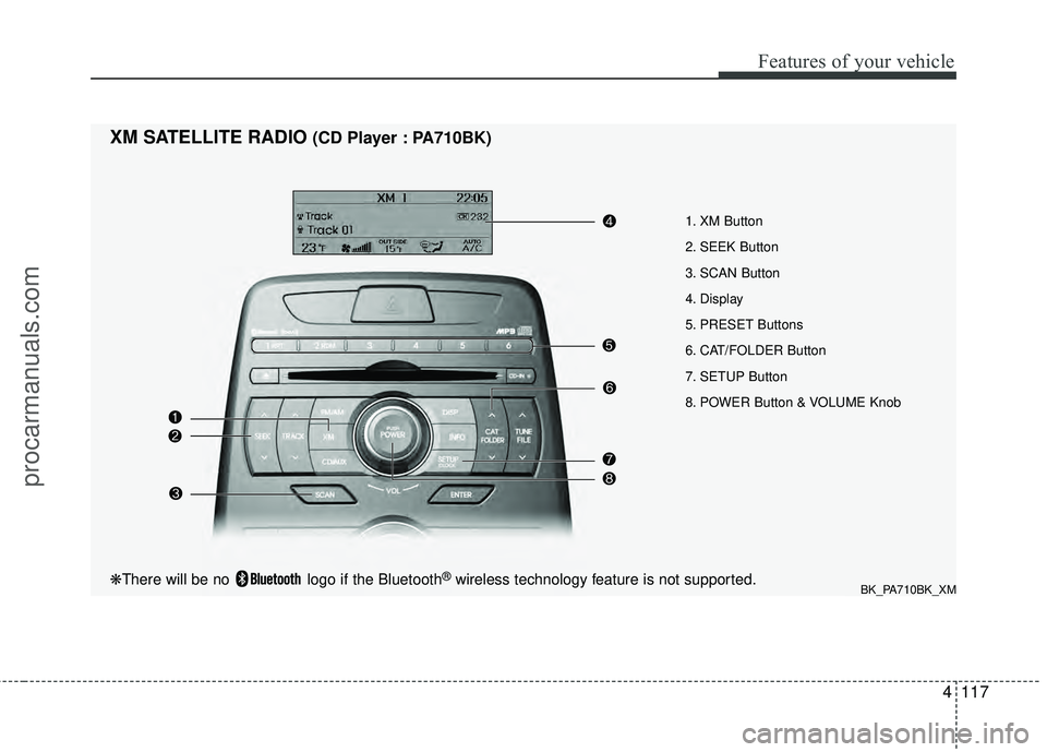 HYUNDAI COUPE 2012  Owners Manual 4117
Features of your vehicle
1. XM Button
2. SEEK Button
3. SCAN Button
4. Display
5. PRESET Buttons
6. CAT/FOLDER Button
7. SETUP Button
8. POWER Button & VOLUME Knob
XM SATELLITE RADIO(CD Player : 