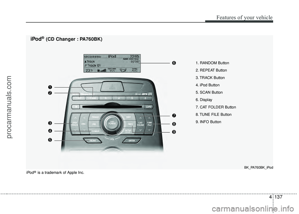 HYUNDAI COUPE 2012  Owners Manual 4137
Features of your vehicle
1. RANDOM Button 
2. REPEAT Button
3. TRACK Button
4. iPod Button
5. SCAN Button
6. Display
7. CAT FOLDER Button
8. TUNE FILE Button
9. INFO Button
iPod®(CD Changer : PA