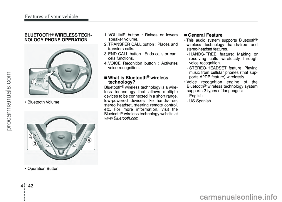 HYUNDAI COUPE 2012  Owners Manual Features of your vehicle
142
4
BLUETOOTH®WIRELESS TECH-
NOLOGY PHONE OPERATION1. VOLUME button : Raises or lowers
speaker volume.
2. TRANSFER CALL button : Places and transfers calls.
3. END CALL but