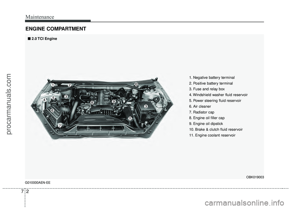 HYUNDAI COUPE 2012  Owners Manual Maintenance
27
ENGINE COMPARTMENT 
G010000AEN-EE
■
■2.0 TCI  Engine
1. Negative battery terminal
2. Positive battery terminal
3. Fuse and relay box
4. Windshield washer fluid reservoir
5. Power st