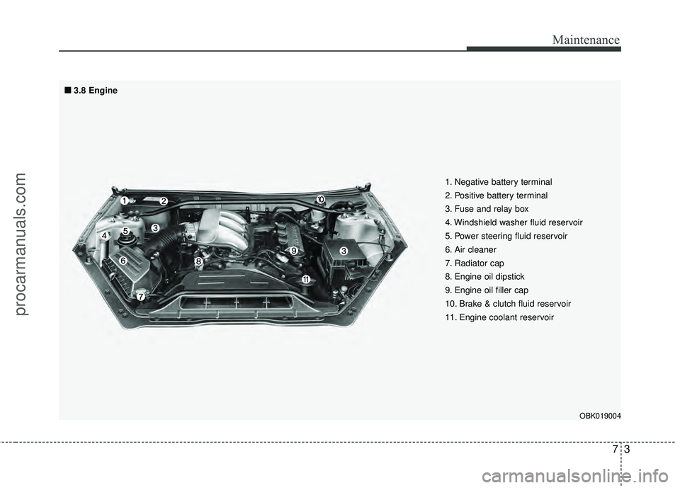 HYUNDAI COUPE 2012  Owners Manual 73
Maintenance
1. Negative battery terminal
2. Positive battery terminal
3. Fuse and relay box
4. Windshield washer fluid reservoir
5. Power steering fluid reservoir
6. Air cleaner
7. Radiator cap
8. 