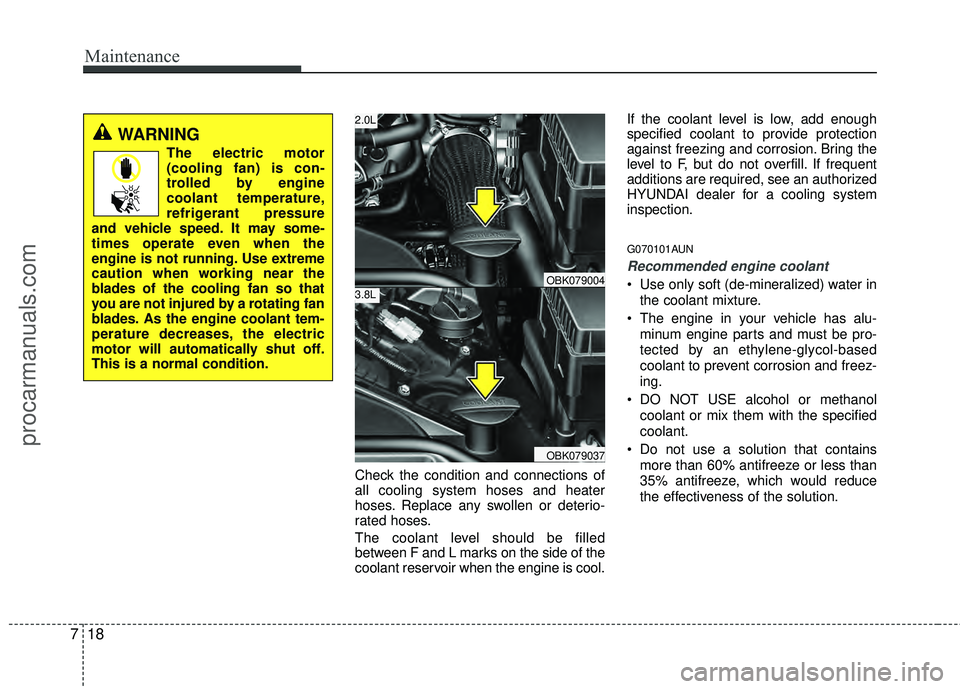 HYUNDAI COUPE 2012  Owners Manual Maintenance
18
7
Check the condition and connections of
all cooling system hoses and heater
hoses. Replace any swollen or deterio-
rated hoses.
The coolant level should be filled
between F and L marks