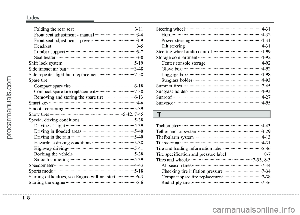 HYUNDAI COUPE 2012  Owners Manual Index
8I
Folding the rear seat ··················\
··················\
··············3-11
Front seat adjustment - manual ··············