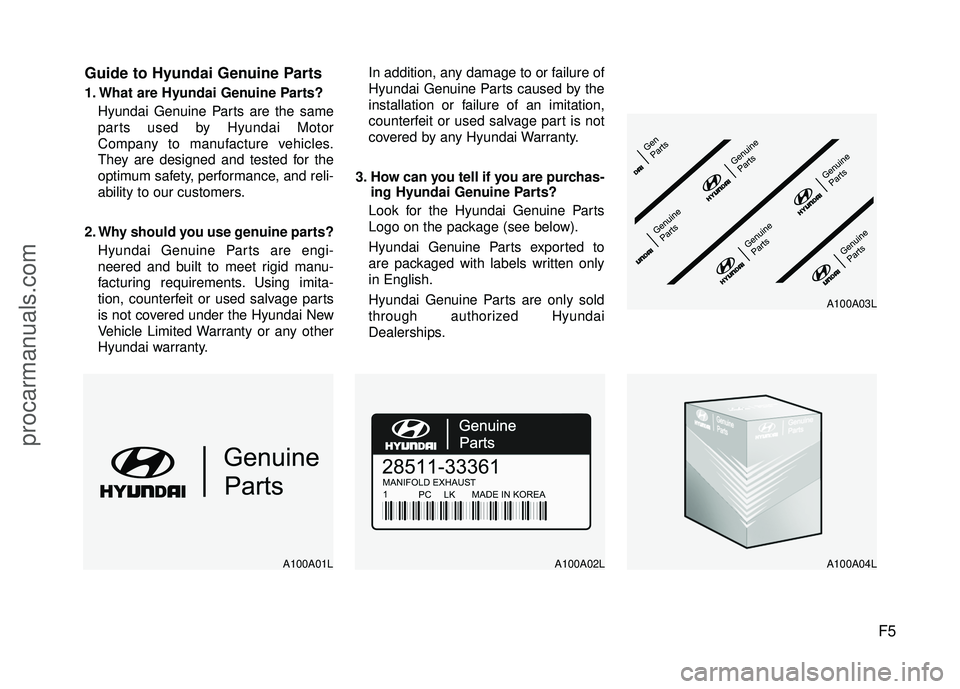 HYUNDAI COUPE 2012 Owners Manual F5
Guide to Hyundai Genuine Parts
1. What are Hyundai Genuine Parts?
Hyundai Genuine Parts are the same
parts used by Hyundai Motor
Company to manufacture vehicles.
They are designed and tested for th HYUNDAI COUPE 2012 Owners Manual F5
Guide to Hyundai Genuine Parts
1. What are Hyundai Genuine Parts?
Hyundai Genuine Parts are the same
parts used by Hyundai Motor
Company to manufacture vehicles.
They are designed and tested for th