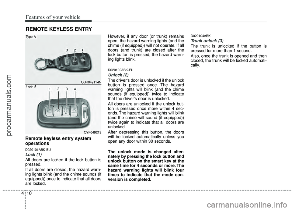 HYUNDAI COUPE 2012 Owners Manual Features of your vehicle
10
4
Remote keyless entry system
operations
D020101ABK-EU
Lock (1)
All doors are locked if the lock button is
pressed.
If all doors are closed, the hazard warn-
ing lights bli HYUNDAI COUPE 2012 Owners Manual Features of your vehicle
10
4
Remote keyless entry system
operations
D020101ABK-EU
Lock (1)
All doors are locked if the lock button is
pressed.
If all doors are closed, the hazard warn-
ing lights bli