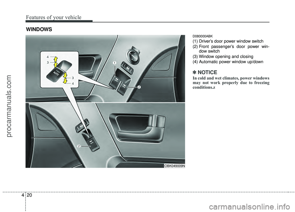 HYUNDAI COUPE 2012  Owners Manual Features of your vehicle
20
4
D080000ABK
(1) Driver’s door power window switch
(2) Front passenger’s door power win-
dow switch
(3) Window opening and closing
(4) Automatic power window up/down 
