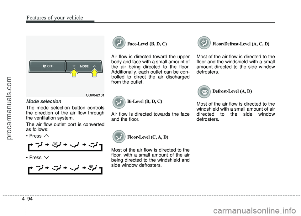 HYUNDAI COUPE 2016  Owners Manual Features of your vehicle
94
4
Mode selection
The mode selection button controls
the direction of the air flow through
the ventilation system.
The air flow outlet port is converted
as follows:


Face-L
