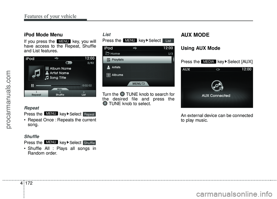 HYUNDAI COUPE 2016  Owners Manual Features of your vehicle
172
4
iPod Mode Menu
If you press the  key, you will
have access to the Repeat, Shuffle
and List features.
Repeat
Press the  keySelect 
 Repeat Once : Repeats the current song