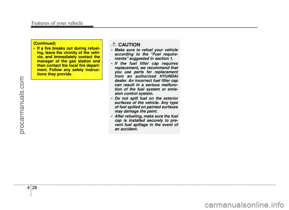 HYUNDAI IX20 2017  Owners Manual Features of your vehicle
28
4
(Continued) 
 If a fire breaks out during refuel-
ing, leave the vicinity of the vehi- 
cle, and immediately contact the
manager of the gas station and
then contact the l