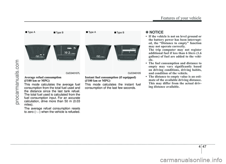 HYUNDAI IX20 2017  Owners Manual 447
Features of your vehicle
Average refuel consumption  (l/100 km or MPG)
This mode calculates the average fuelconsumption from the total fuel used andthe distance since the last tank refuel.The tota