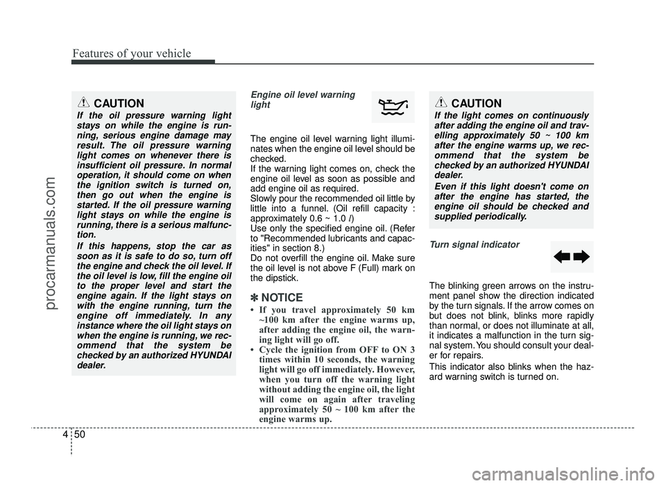 HYUNDAI IX20 2017  Owners Manual Features of your vehicle
50
4
Engine oil level warning
light
The engine oil level warning light illumi- 
nates when the engine oil level should be
checked.
If the warning light comes on, check the
eng