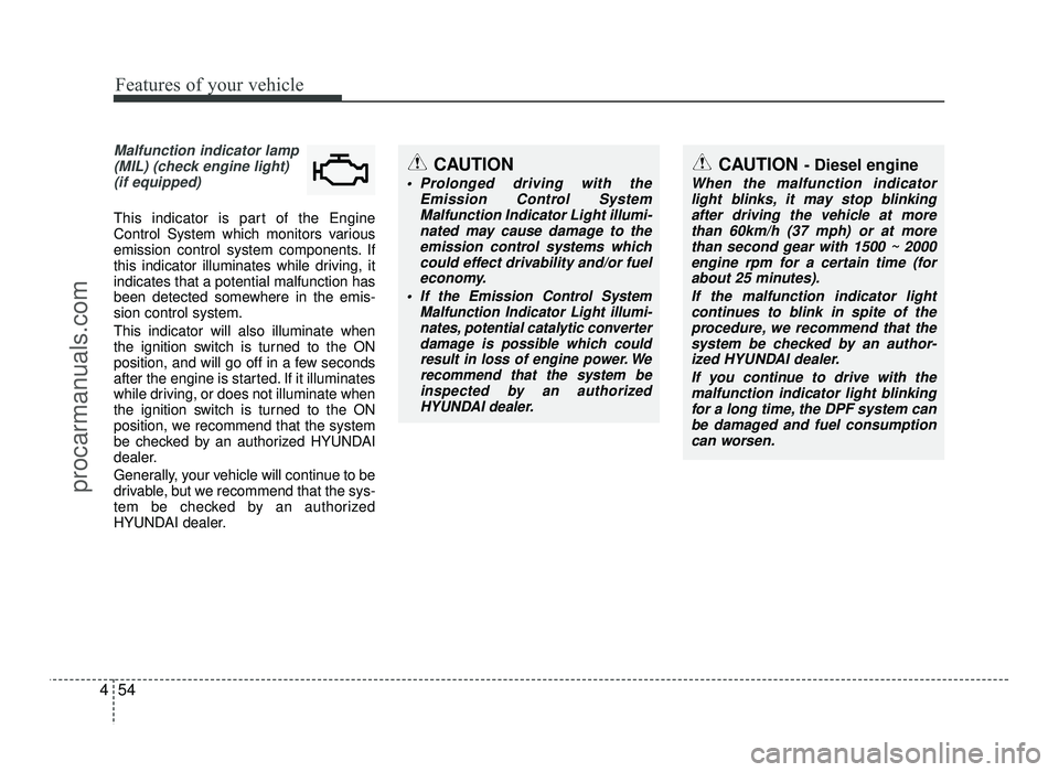 HYUNDAI IX20 2017  Owners Manual Features of your vehicle
54
4
Malfunction indicator lamp
(MIL) (check engine light) 
(if equipped)
This indicator is part of the Engine 
Control System which monitors various
emission control system c