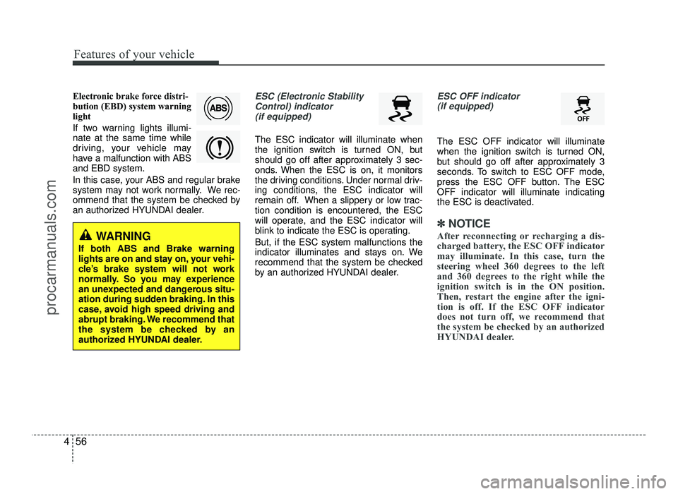 HYUNDAI IX20 2017  Owners Manual Features of your vehicle
56
4
Electronic brake force distri- 
bution (EBD) system warning
light 
If two warning lights illumi- nate at the same time while
driving, your vehicle may
have a malfunction 