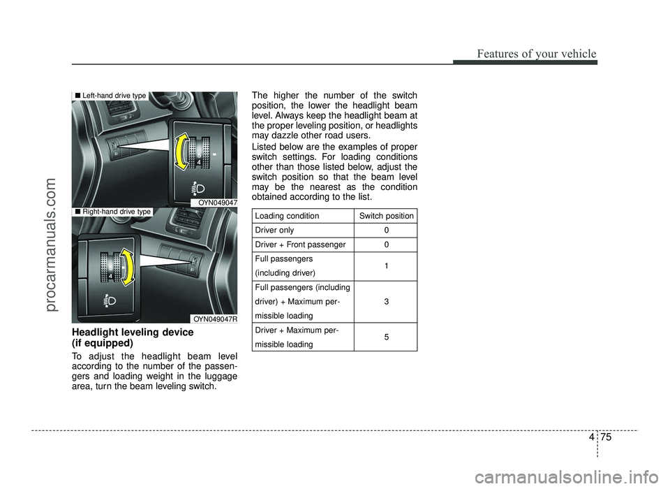 HYUNDAI IX20 2017  Owners Manual 475
Features of your vehicle
Headlight leveling device  (if equipped) 
To adjust the headlight beam level 
according to the number of the passen-
gers and loading weight in the luggage
area, turn the 