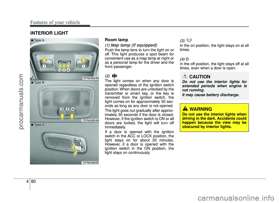 HYUNDAI IX20 2017  Owners Manual Features of your vehicle
80
4
Room lamp
(1) Map lamp (if equipped)
Push the lamp lens to turn the light on or 
off. This light produces a spot beam for
convenient use as a map lamp at night or
as a pe