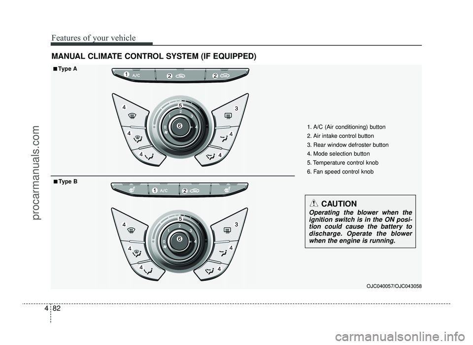 HYUNDAI IX20 2017  Owners Manual Features of your vehicle
82
4
MANUAL CLIMATE CONTROL SYSTEM (IF EQUIPPED)
OJC040057/OJC043058
1. A/C (Air conditioning) button 
2. Air intake control button
3. Rear window defroster button
4. Mode sel