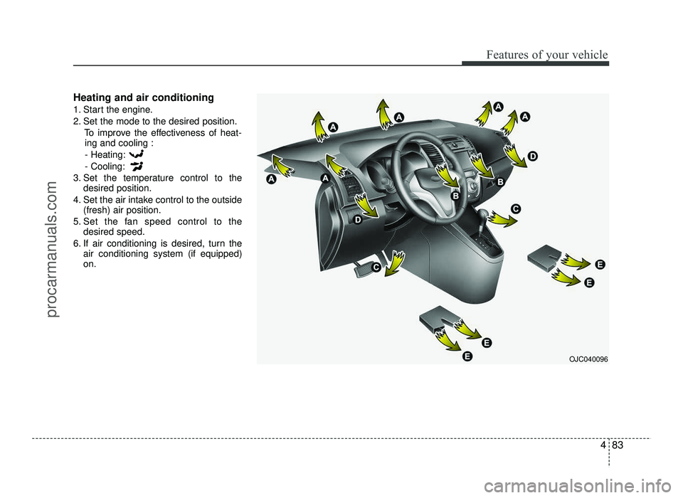 HYUNDAI IX20 2017  Owners Manual 483
Features of your vehicle
Heating and air conditioning 
1. Start the engine. 
2. Set the mode to the desired position.To improve the effectiveness of heat-ing and cooling :- Heating:- Cooling:
3. S