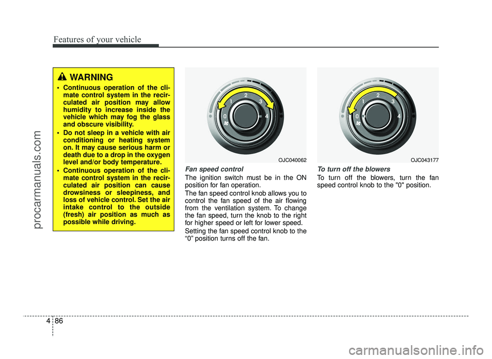 HYUNDAI IX20 2017  Owners Manual Features of your vehicle
86
4
Fan speed control
The ignition switch must be in the ON 
position for fan operation. 
The fan speed control knob allows you to 
control the fan speed of the air flowing
f