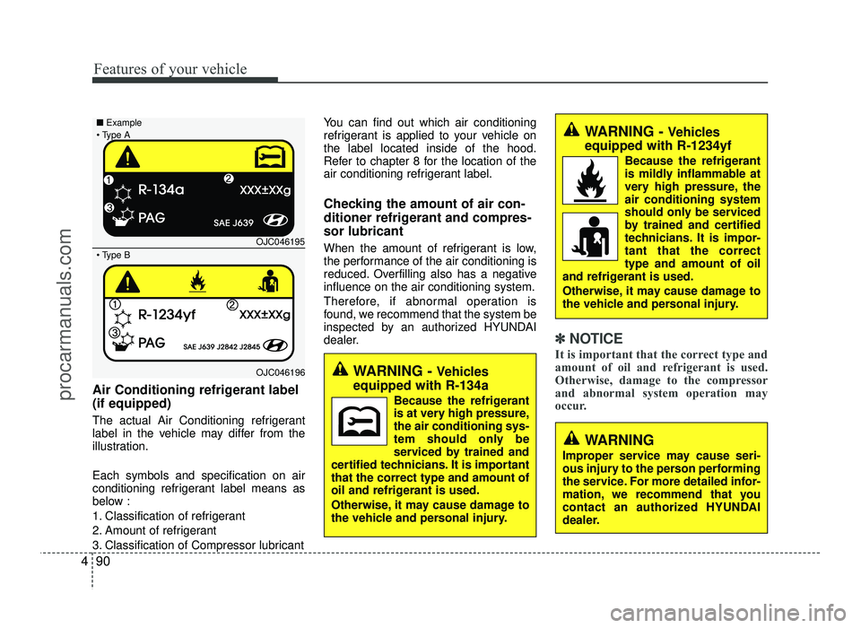 HYUNDAI IX20 2017  Owners Manual Features of your vehicle
90
4
Air Conditioning refrigerant label (if equipped) 
The actual Air Conditioning refrigerant 
label in the vehicle may differ from the
illustration. Each symbols and specifi