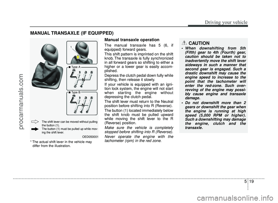 HYUNDAI IX20 2017  Owners Manual 519
Driving your vehicle
Manual transaxle operation 
The manual transaxle has 5 (6, if 
equipped) forward gears. 
This shift pattern is imprinted on the shift 
knob. The transaxle is fully synchronize