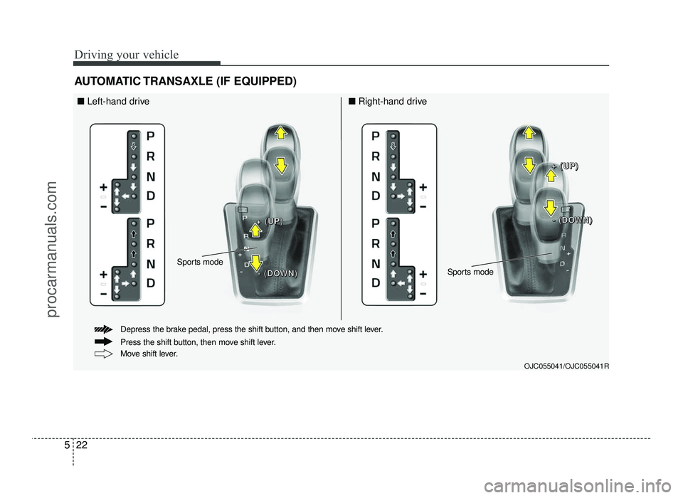 HYUNDAI IX20 2017  Owners Manual Driving your vehicle
22
5
AUTOMATIC TRANSAXLE (IF EQUIPPED)
OJC055041/OJC055041R
■ Left-hand drive ■Right-hand drive
Move shift lever.
Depress the brake pedal, press the shift button, and then mov