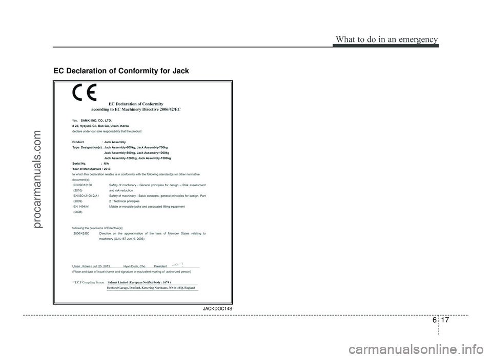 HYUNDAI IX20 2017  Owners Manual 617
What to do in an emergency
EC Declaration of Conformity for Jack
JACKDOC14S
procarmanuals.com  