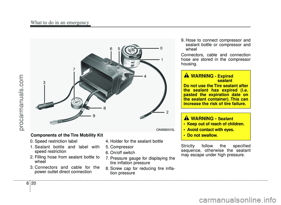HYUNDAI IX20 2017  Owners Manual What to do in an emergency
20
6
0. Speed restriction label 
1. Sealant bottle and label with
speed restriction
2. Filling hose from sealant bottle to wheel
3. Connectors and cable for the power outlet