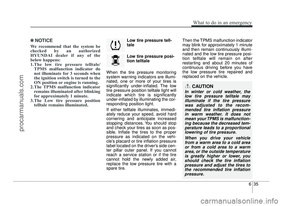HYUNDAI IX20 2017  Owners Manual 635
What to do in an emergency
✽✽NOTICE
We recommend that the system be 
checked by an authorized
HYUNDAI dealer if any of the
below happens:
1.The low tire pressure telltale/ TPMS malfunction ind