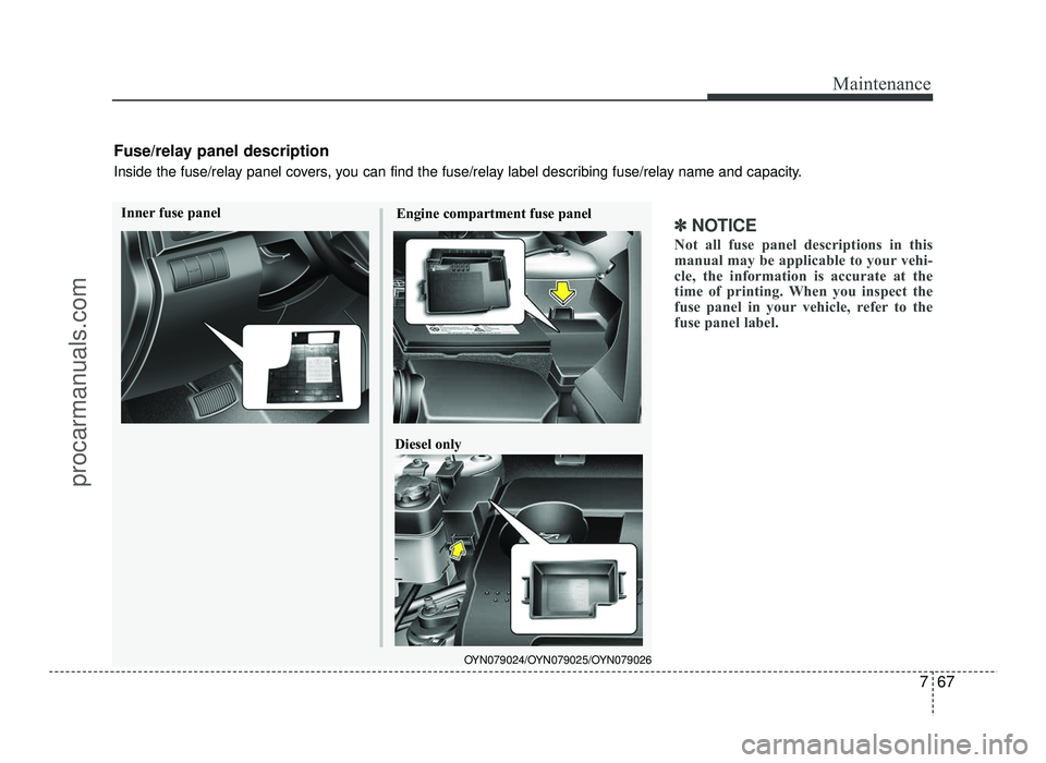 HYUNDAI IX20 2017  Owners Manual 767
Maintenance
✽✽NOTICE
Not all fuse panel descriptions in this 
manual may be applicable to your vehi-
cle, the information is accurate at the
time of printing. When you inspect the
fuse panel i