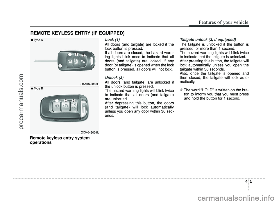 HYUNDAI IX20 2017  Owners Manual 45
Features of your vehicle
Remote keyless entry system operations
Lock (1)
All doors (and tailgate) are locked if the 
lock button is pressed.
If all doors are closed, the hazard warn-
ing lights bli