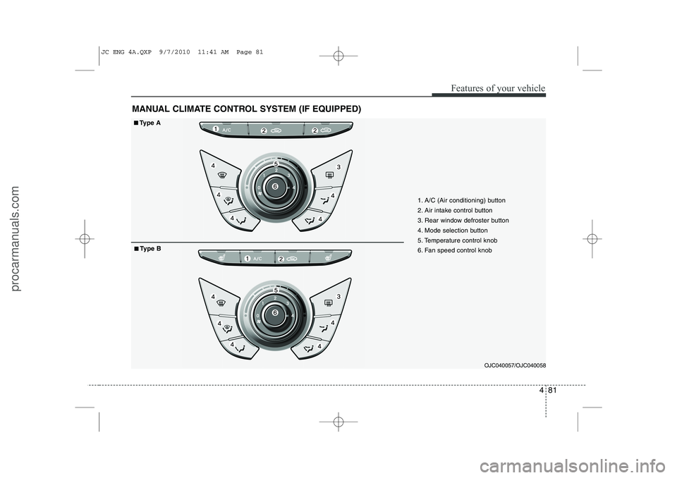 HYUNDAI IX20 2011  Owners Manual 481
Features of your vehicle
MANUAL CLIMATE CONTROL SYSTEM (IF EQUIPPED)
OJC040057/OJC040058
1. A/C (Air conditioning) button 
2. Air intake control button
3. Rear window defroster button
4. Mode sele