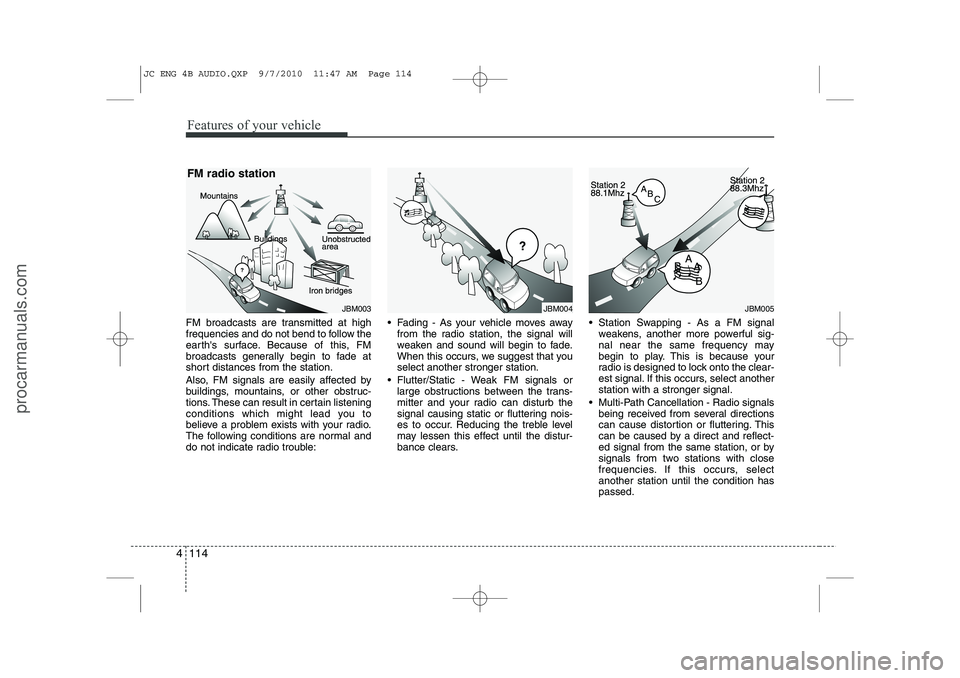 HYUNDAI IX20 2011  Owners Manual Features of your vehicle
114
4
FM broadcasts are transmitted at high 
frequencies and do not bend to follow the
earths surface. Because of this, FM
broadcasts generally begin to fade at
short distanc