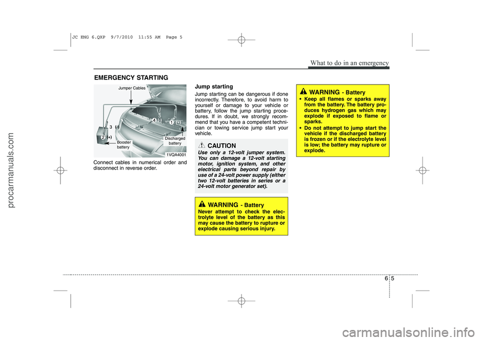 HYUNDAI IX20 2011  Owners Manual 65
What to do in an emergency
EMERGENCY STARTING
Connect cables in numerical order and 
disconnect in reverse order. Jump starting   
Jump starting can be dangerous if done 
incorrectly. Therefore, to
