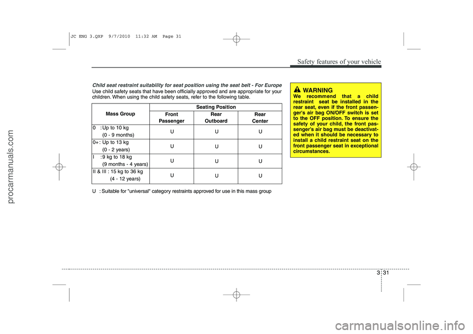 HYUNDAI IX20 2011  Owners Manual 331
Safety features of your vehicle
Child seat restraint suitability for seat position using the seat belt - For Europe
Use child safety seats that have been officially approved and are appropriate fo