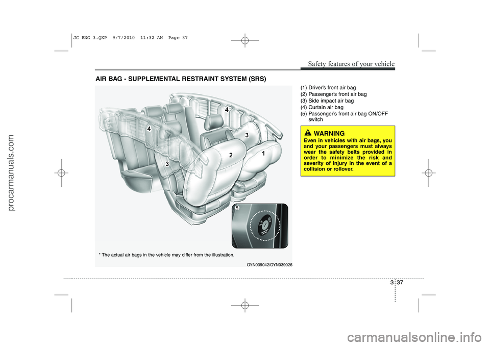 HYUNDAI IX20 2011  Owners Manual 337
Safety features of your vehicle
(1) Driver’s front air bag 
(2) Passenger’s front air bag(3) Side impact air bag
(4) Curtain air bag
(5) Passenger’s front air bag ON/OFFswitch
AIR BAG - SUPP