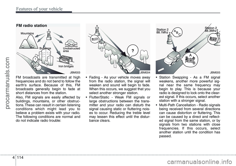 HYUNDAI IX20 2015 Owners Manual Features of your vehicle
114 4
FM broadcasts are transmitted at high
frequencies and do not bend to follow the
earth's surface. Because of this, FM
broadcasts generally begin to fade at
short dist HYUNDAI IX20 2015 Owners Manual Features of your vehicle
114 4
FM broadcasts are transmitted at high
frequencies and do not bend to follow the
earth's surface. Because of this, FM
broadcasts generally begin to fade at
short dist