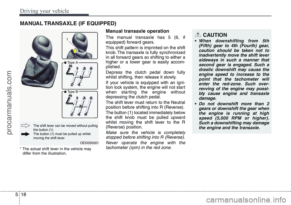 HYUNDAI IX20 2015  Owners Manual Driving your vehicle
18 5
Manual transaxle operation
The manual transaxle has 5 (6, if
equipped) forward gears.
This shift pattern is imprinted on the shift
knob. The transaxle is fully synchronized
i