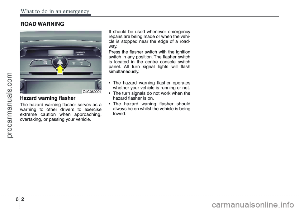 HYUNDAI IX20 2015  Owners Manual What to do in an emergency
2 6
ROAD WARNING 
Hazard warning flasher  
The hazard warning flasher serves as a
warning to other drivers to exercise
extreme caution when approaching,
overtaking, or passi