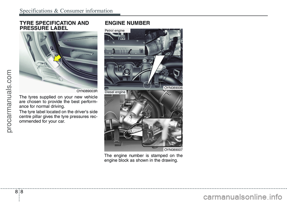 HYUNDAI IX20 2015  Owners Manual The tyres supplied on your new vehicle
are chosen to provide the best perform-
ance for normal driving.
The tyre label located on the driver's side
centre pillar gives the tyre pressures rec-
omme