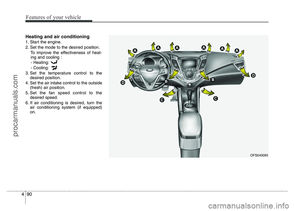 HYUNDAI VELOSTER 2011  Owners Manual Features of your vehicle
90 4
Heating and air conditioning
1. Start the engine.
2. Set the mode to the desired position.
To improve the effectiveness of heat-
ing and cooling :
- Heating:
- Cooling:
3