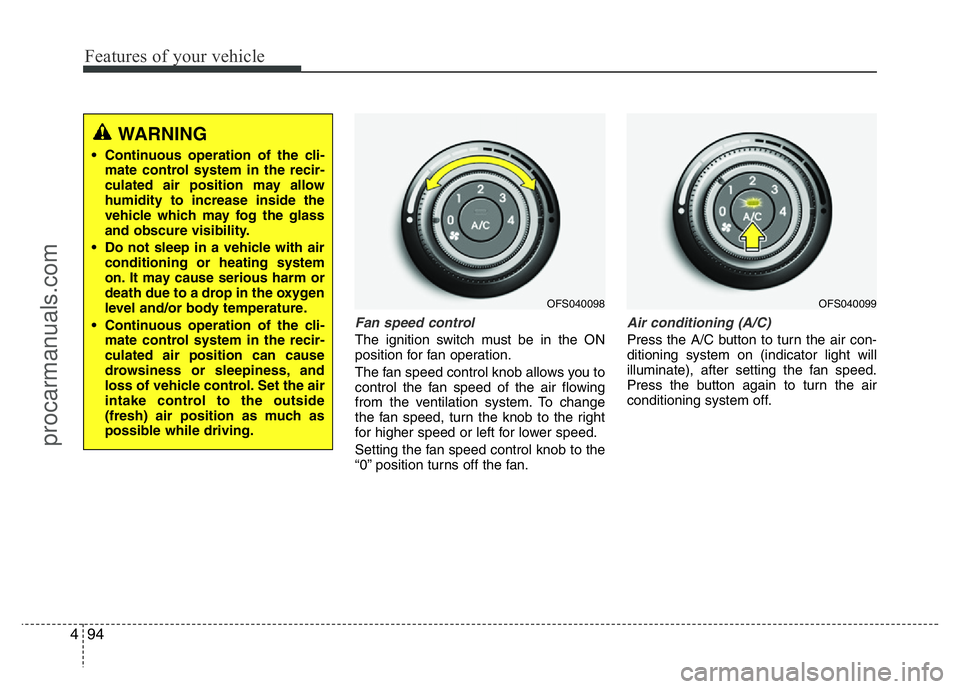 HYUNDAI VELOSTER 2011  Owners Manual Features of your vehicle
94 4
Fan speed control
The ignition switch must be in the ON
position for fan operation.
The fan speed control knob allows you to
control the fan speed of the air flowing
from