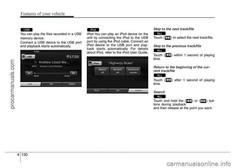 HYUNDAI VELOSTER 2011  Owners Manual Features of your vehicle
130 4
You can play the files recorded in a USB 
memory device.
Connect a USB device to the USB port
and playback starts automatically.iPod You can play an iPod device on the
u