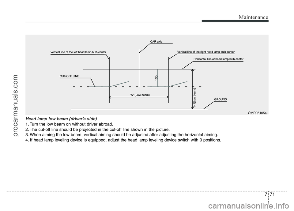 HYUNDAI VELOSTER 2011  Owners Manual 771
Maintenance
Head lamp low beam (driver’s side) 
1. Turn the low beam on without driver abroad.
2. The cut-off line should be projected in the cut-off line shown in the picture.
3. When aiming th